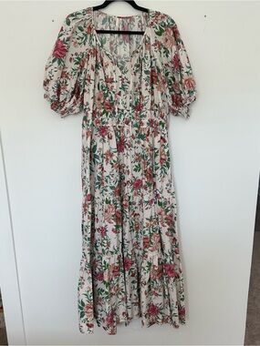 Anthropologie Cream Maxi Dress with Pink & Green Floral Print